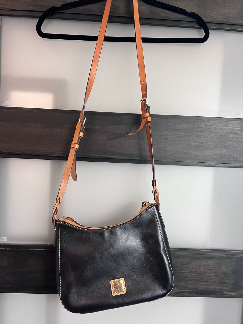 Black Leather Crossbody Bag with Tan Strap